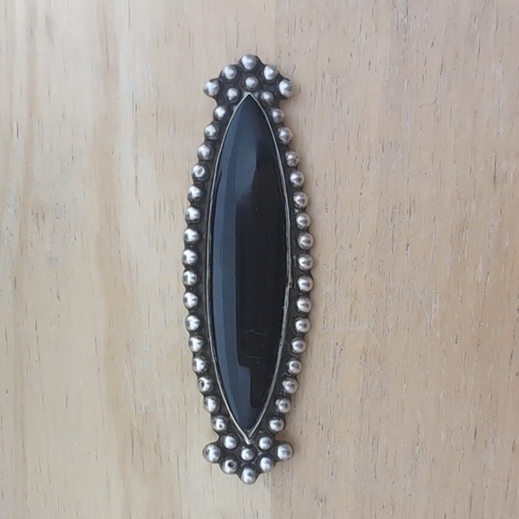 Large Onyx Sterling Silver Oblong Pin Brooch - Picture 2 of 6